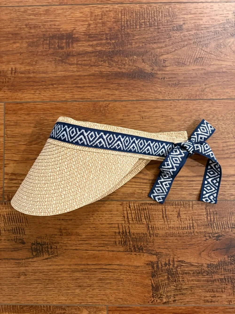 Sea & Grass Straw Visor Navy Ribbon Tie Coastal Preppy Sun Hat
